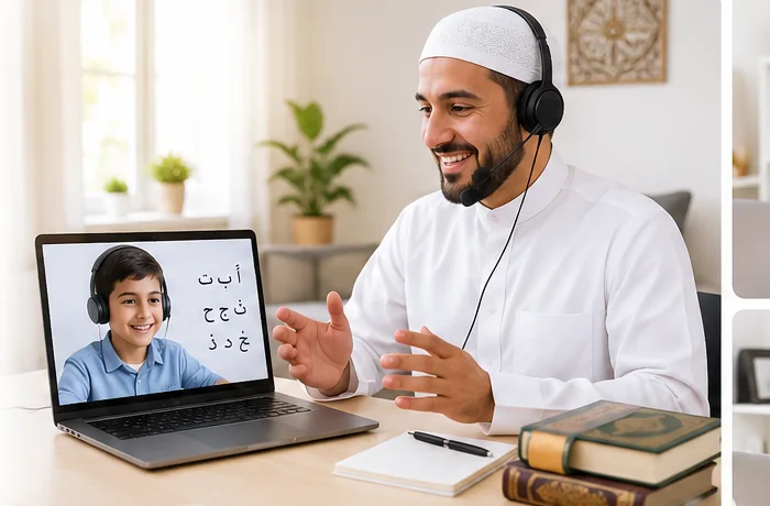 Native Arabic teacher teaching a live online Arabic lesson to a young student on a laptop