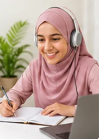 Smiling Bayan Academy student in a hijab taking notes during her online Arabic lesson